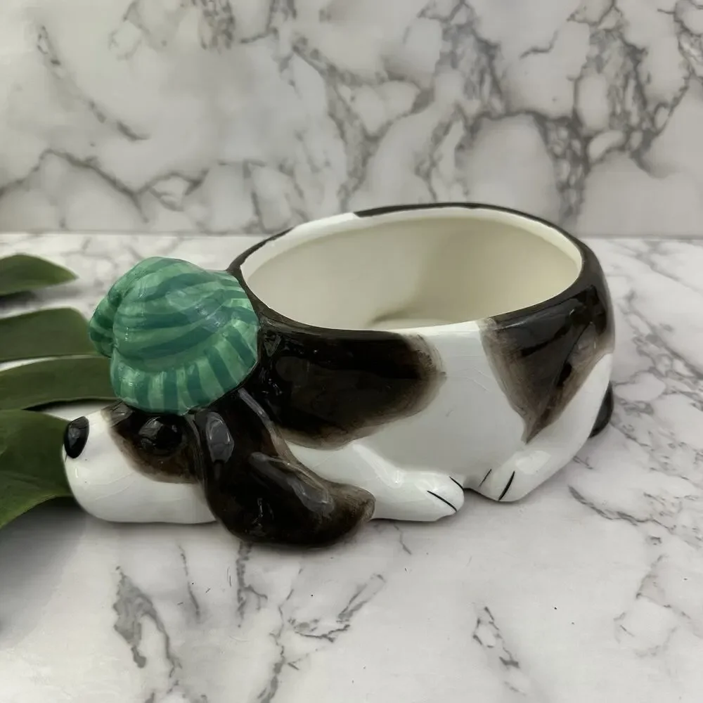 Pier 1 Vintage Y2k Sleeping Dog Dish Bowl Planter Ceramic White Brown Puppy